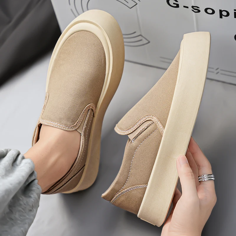 Fashion Platform Canvas Sneakers Men Summer Breathable Comfortable Men's Vulcanized Shoes Casual Green Slip-on Loafers For Men