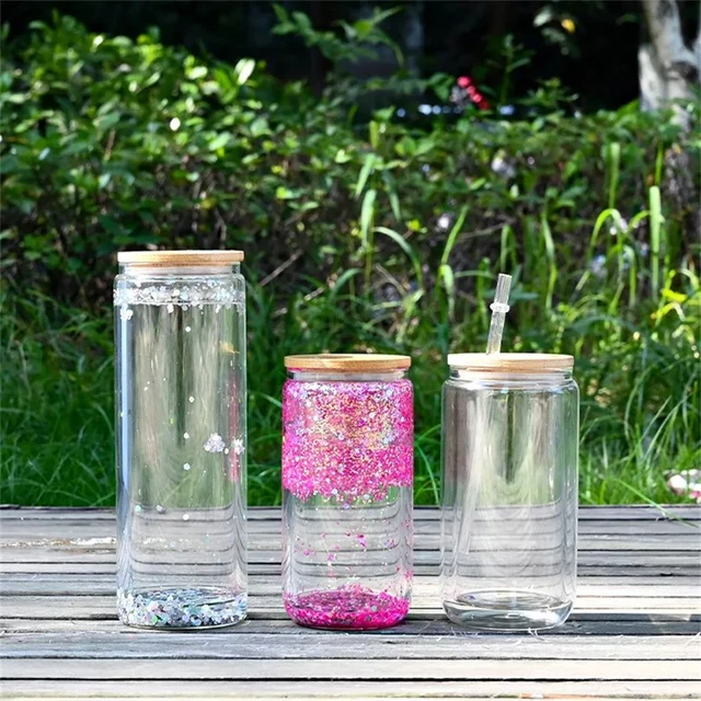 16oz Sublimation Blank Glow in Dark Iridescent Glitter Glass Jar Cans Tumblers (Includes Bamboo Lid Straw), Green