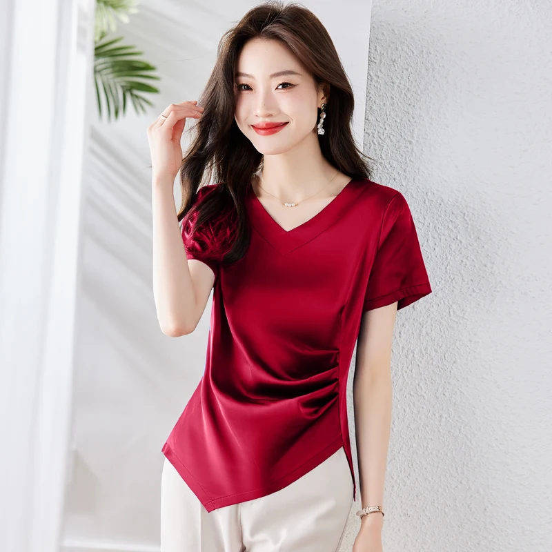 2024 Summer Blouse Women V-neck Slim Women Tops Solid Short Sleeves Women Clothing Fashion Thin White Ladies Tops Satin Blouses