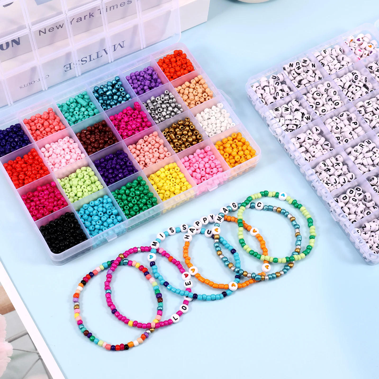 

4864Pcs 4mm Glass Seed Beads 24 Colors Glass Beads Bracelet Making Kit DIY Jewelry Beads Set 1150 Letter Beads 50 Heart Beads