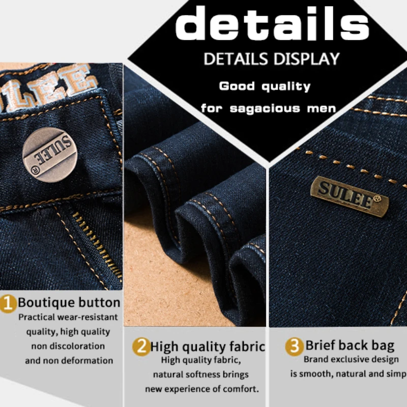 SULEE Brand European American Style Stretch Men Jeans Luxury Men's Denim Trousers Slim Straight Deep blue Gentleman Mens Stretch 5