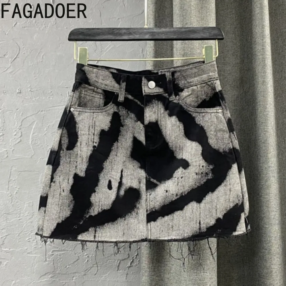 FAGADOER Gray Tie Dye Printing Fashion Denim Mini Skirts Women High Waist Button Pocket A-line Jean Skirts Sexy Y2K Streetwear