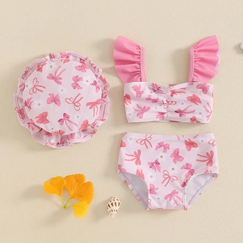 Costume da bagno bikini per bambina con fiocco e stampa di fragole, canotte con pantaloncini e cappello, costume da bagno, 3 pezzi, abbigliamento da spiaggia 1