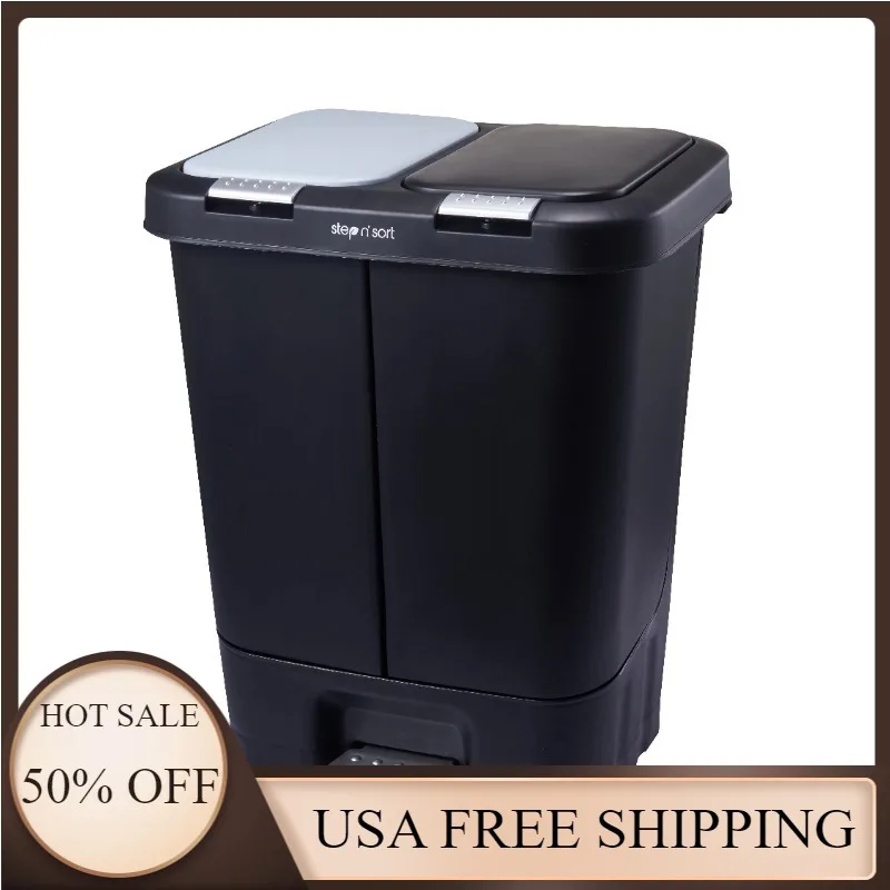 

Trash Cans, 11 gal Dual Plastic Trash and Recycle Bin with Slow Close Lid, Black, Step N' Sort
