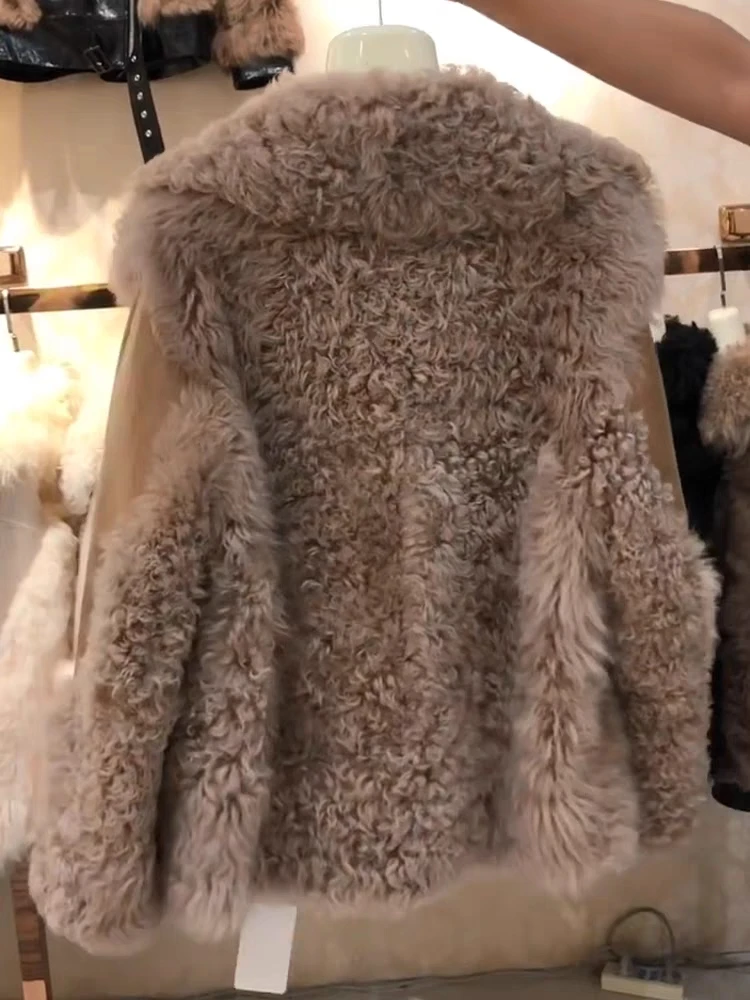 Autumn and Winter Fashion New Vintage Polo Collar Artificial Lamb Fur One Piece Light Luxury High Grade Small Motorcycle Wear Wo