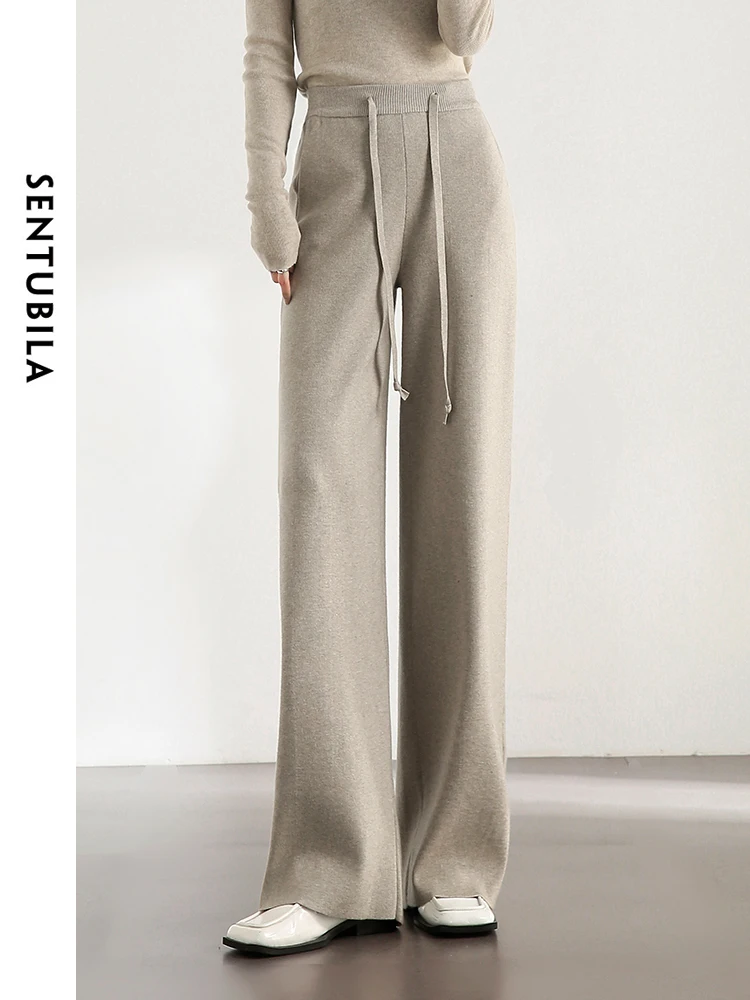 

SENTUBILA Spring Oatmeal Wide Leg Pants 2024 Straight Loose Elastic Waist Drawstring Women's Pant Casual Trousers W33K51579
