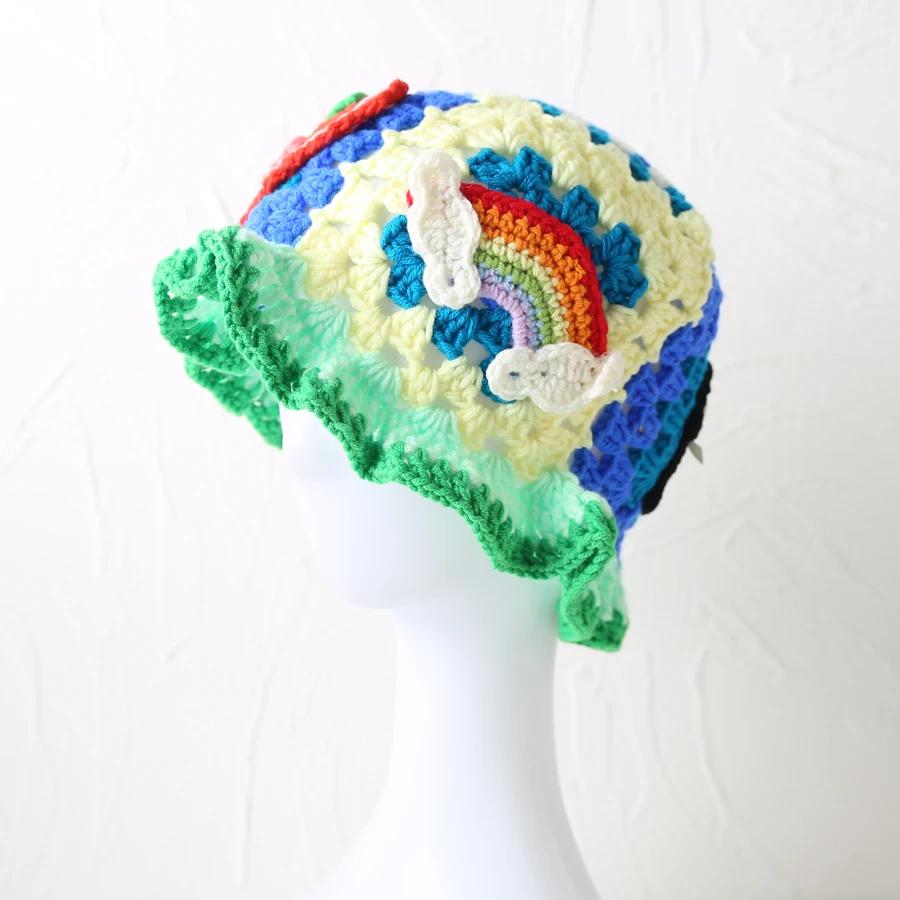 

2024 Y2k Rainbow Cherry knit bucket hat Women Summer Crochet Hats INS Korean Fashion Red Yellow Fisherman's Hat Panama Cap