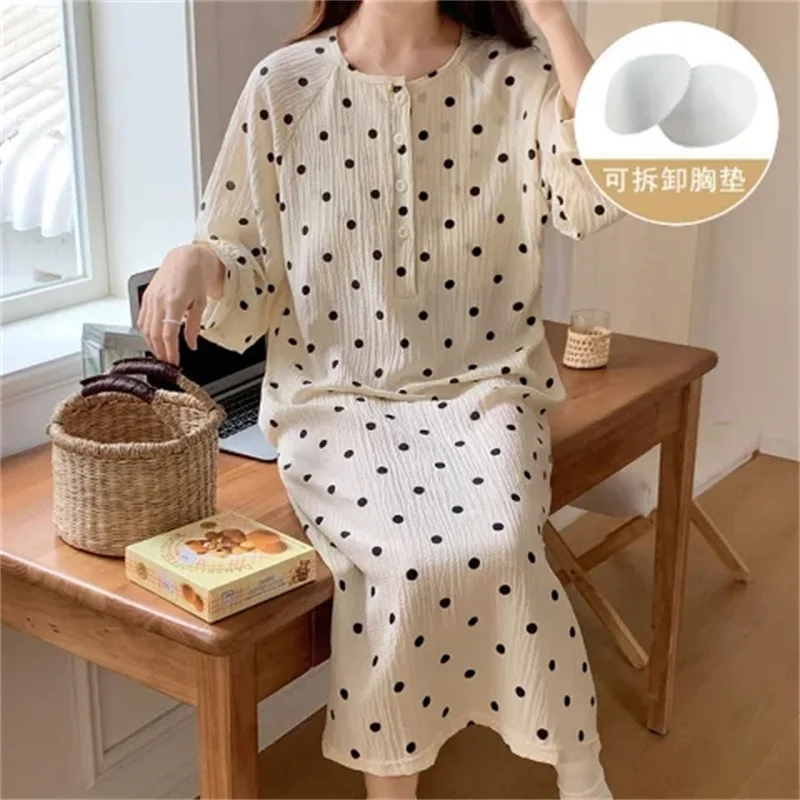 ملابس نوم صيفية طويلة للنساء، ثوب نوم بأكمام سبعة...