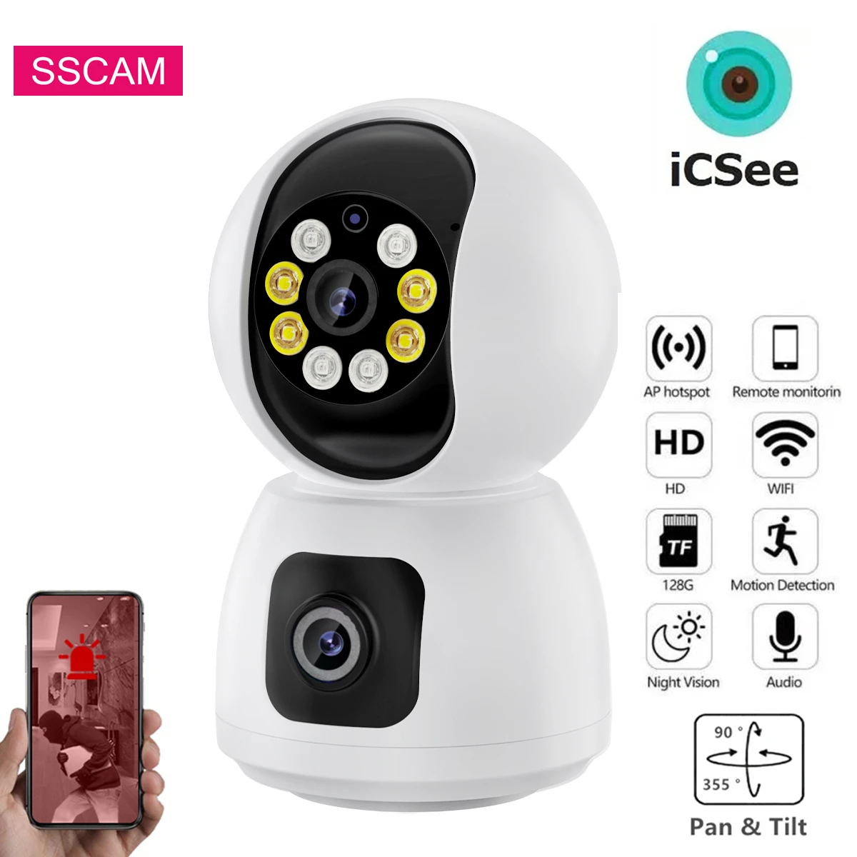 Icsee Dual Lens Wireless Wifi Camera 4Mp Smart Home Color Night Vision Security Protection Telecamera Cctv Indoor