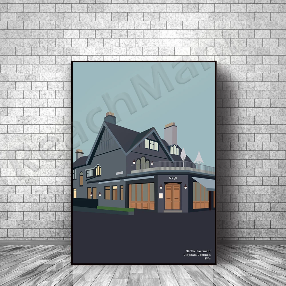 

Old Town No. 32. Clapham public bar restaurant cafe illustration South London. Sidewalk 32, SW4 Decorative Canvas Poster