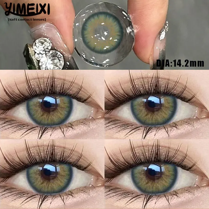 YIMEIXI 2Pcs Colored Contact Soft Green Lenses Large Diameter 14.5mm Prescription Myopia-0.00to-8.00 Makeup Beautiful Pupils