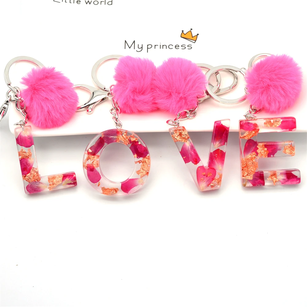 1pc Real Dried Flower Letter Keychain English Alphabet Keyring With Red
