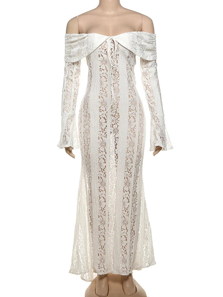 Autumn Lace Off-Shoulder Long Dress For Women See-Through Printed Lace-Up High Waist Luxury Female Elegant Party Dress New