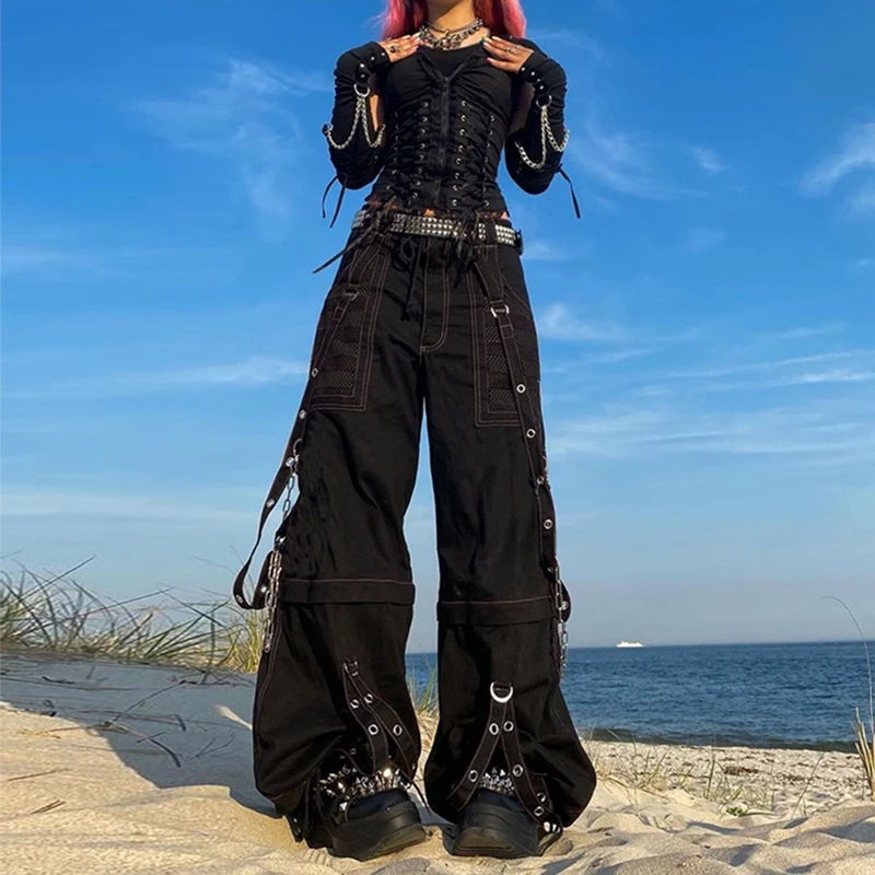 Punk Style Y2k Wid Leg Denim Pants E-girl Gothic Loose Trousers Cyber Grunge Cargo Pants Harajuku High Waist Baggy Jeans Women 3