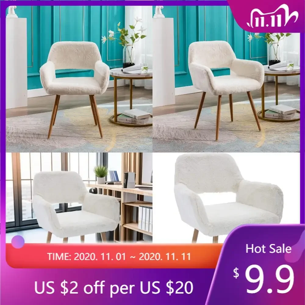 "stylish faux fur accent chair with mid-century modern design for teens, suitable for living and dining rooms, wood-tone metal l