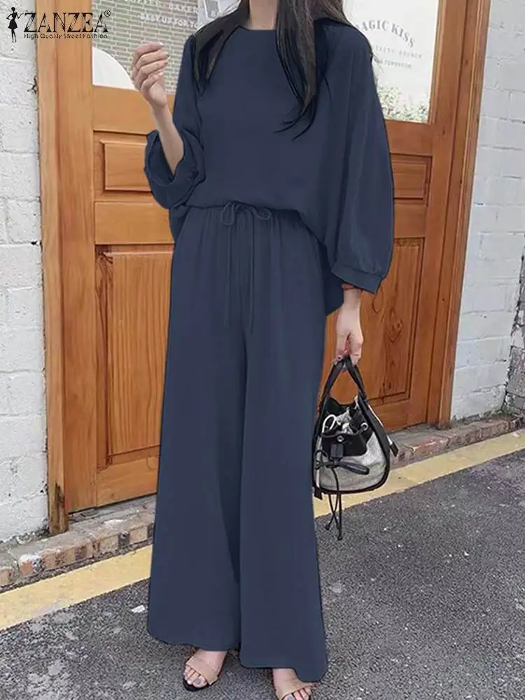 

Комплект Спортивный ZANZEA женский однотонный из блузки и брюк, Модный повседневный костюм свободного покроя с широкими штанинами, городской костюм на осень