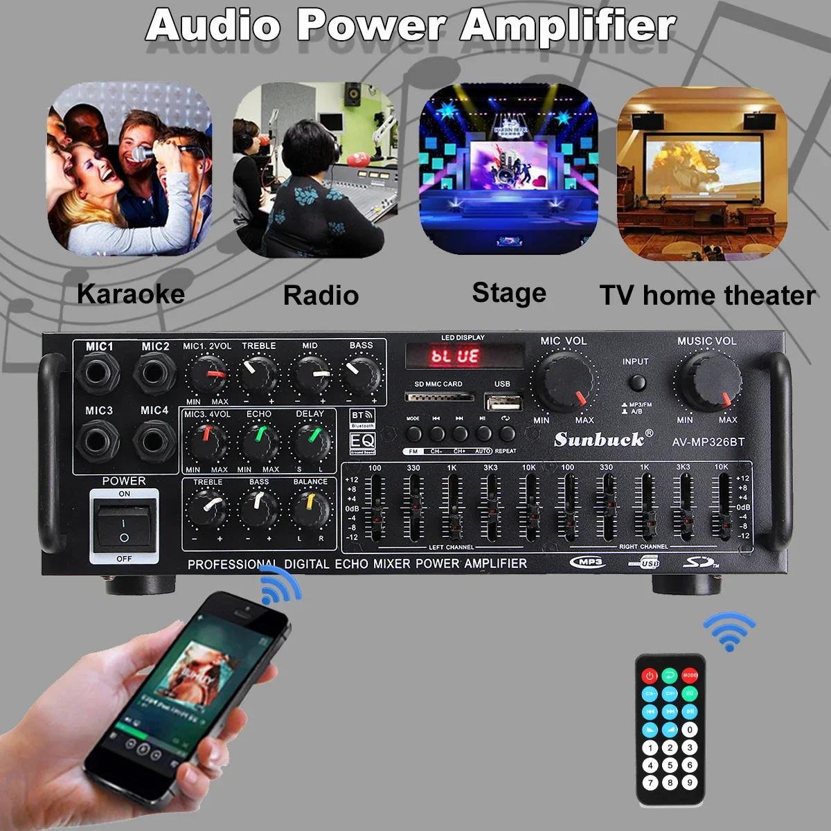 6188BT 블루투스 오디오 앰프 12V 220V 326BT 디지털 스테레오 앰프 마이크 입력 USB SD FM AUX 지원 가정용 차량용