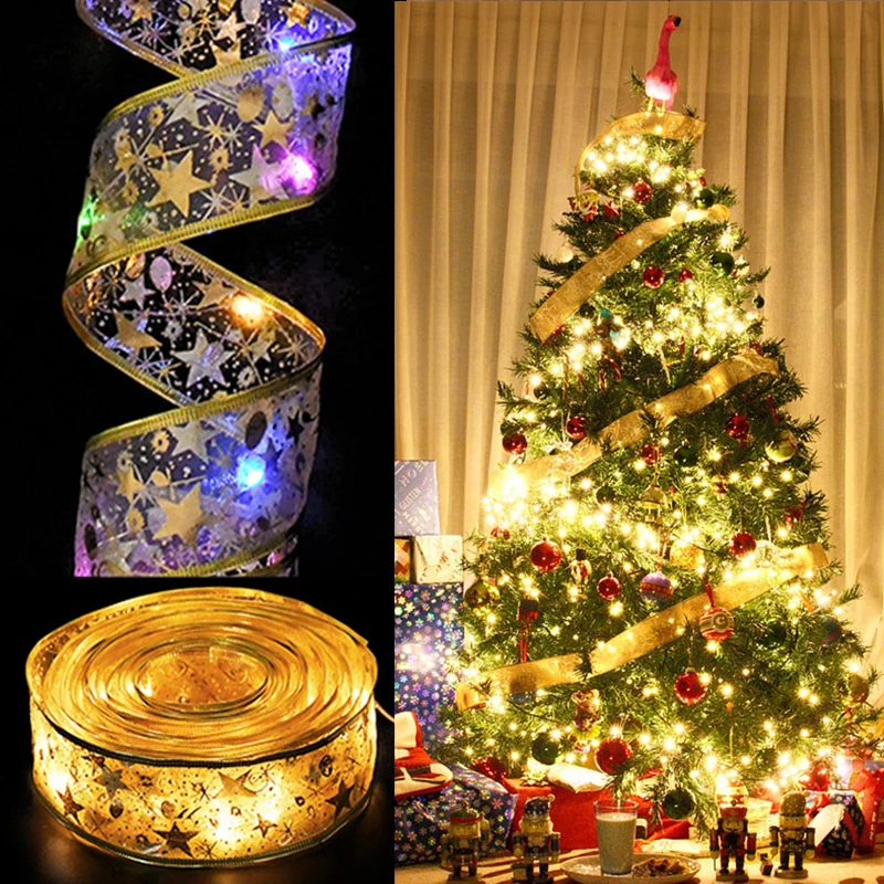 

Christmas Decoration LED Ribbon Lights Christmas Tree Ornaments Lace Bows Fairy Strings Light Navidad Home Decor New Year 2023
