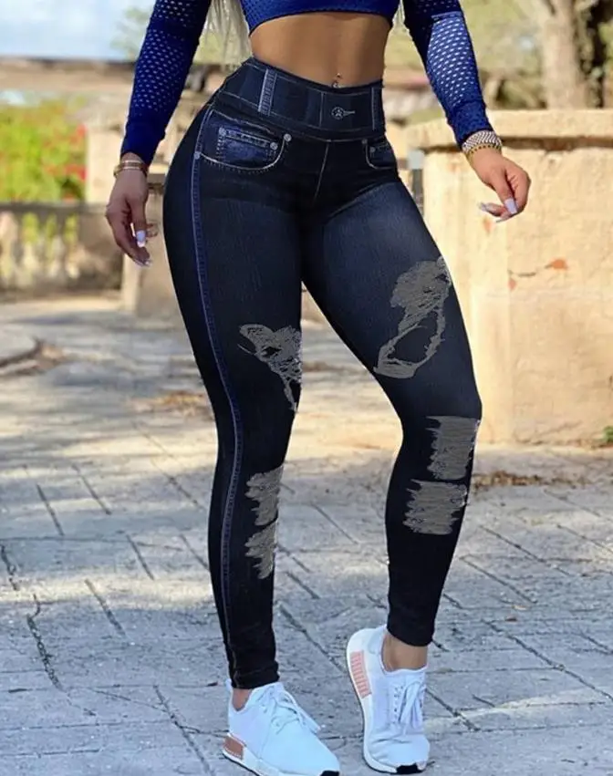 

Women's Sporty Pants with Casual Denim Pattern Printed High Waisted Buttocks Lifting Yoga Leggings