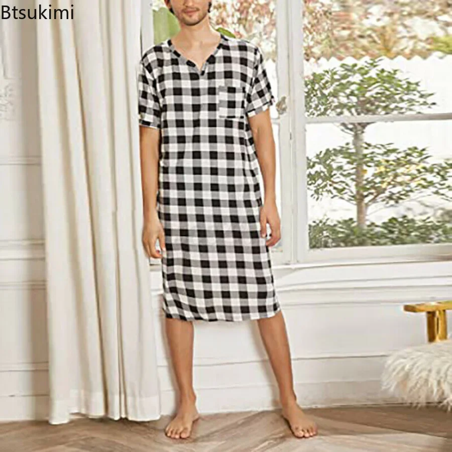 2024 Men's Casual Cotton Plaid Sleep Robe Pajamas Short Sleeve V-neck Homewear One-piece Comfortable Home Loose Bathrobe Male