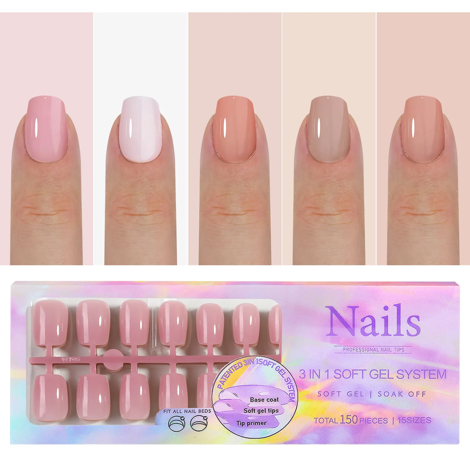150Pcs Gradient Nude Color Almond Wearable Fake Nail Tips Press On Acrylic Nails Removable Wearing Reusable Full Cover Nail Tips