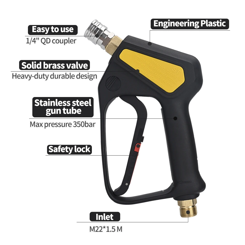 Replacement High Pressure Short Washer Gun ST-2300.Power Washer Trigger Spray Gun with 1/4" Quick Connector Max 310 Bar 4500 PSI 2