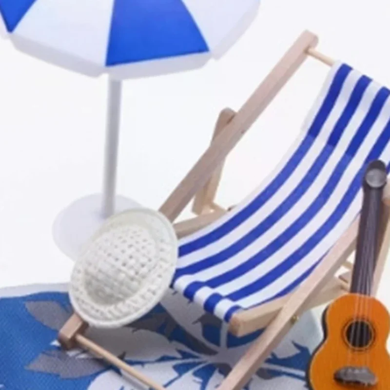 1 Set Dollhouse Mini Sunshade Umbrella Deckchairs Fairy Garden Decoration Summer Beach Micro Landscape DIY Accessories