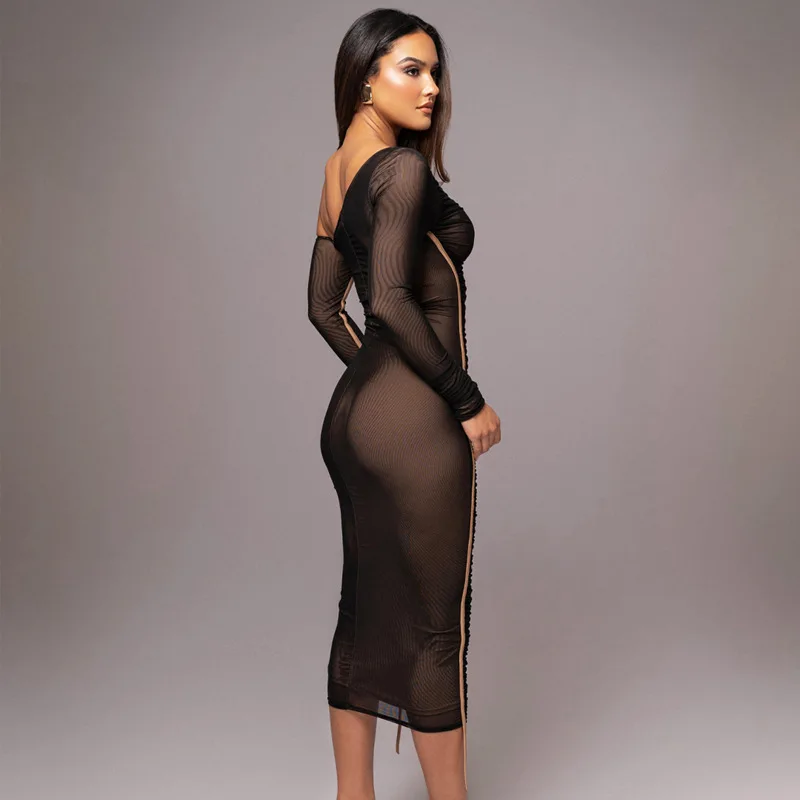 White Mesh Off-Shoulder Maxi Dress Female Long Sleeve Patchwork Fashion Contrast Summer Backless Ladies Party Long Dress