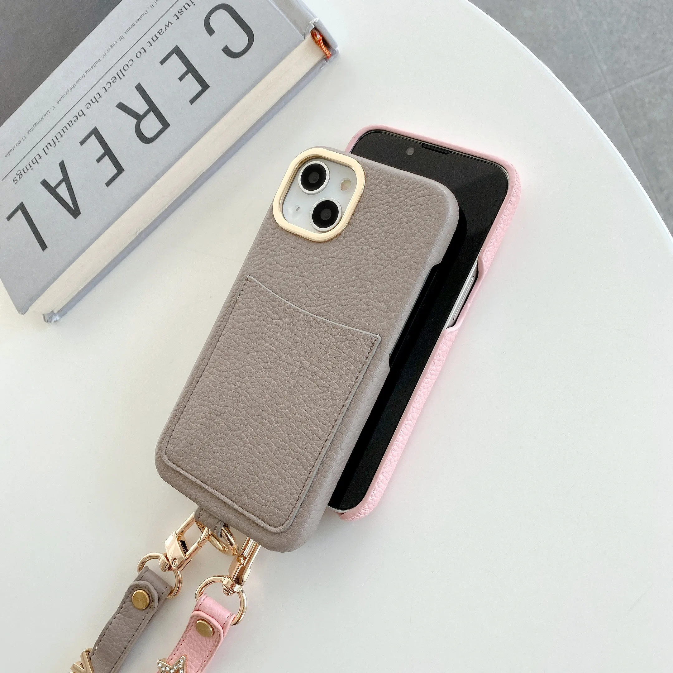 Leather phone case customized letters name business card holder lanyard iPhone11 12 13 14 15 Pro Max 15 14plus Cover