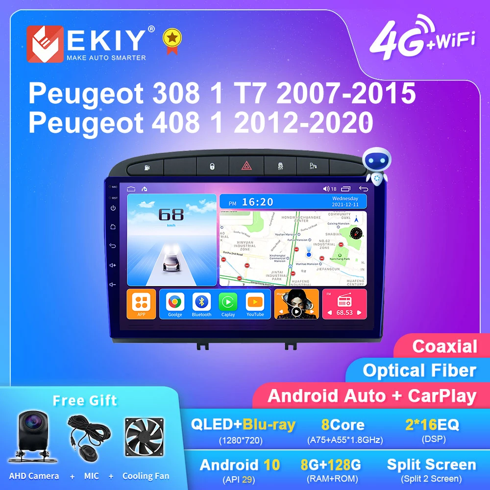 Ekiy T7 Qled Dsp Autoradio Android Per Peugeot 308 1 T7 2007-2015 Per Peugeot 408 1 2012-2020 Lettore Multimediale Carplay Navi Dvd