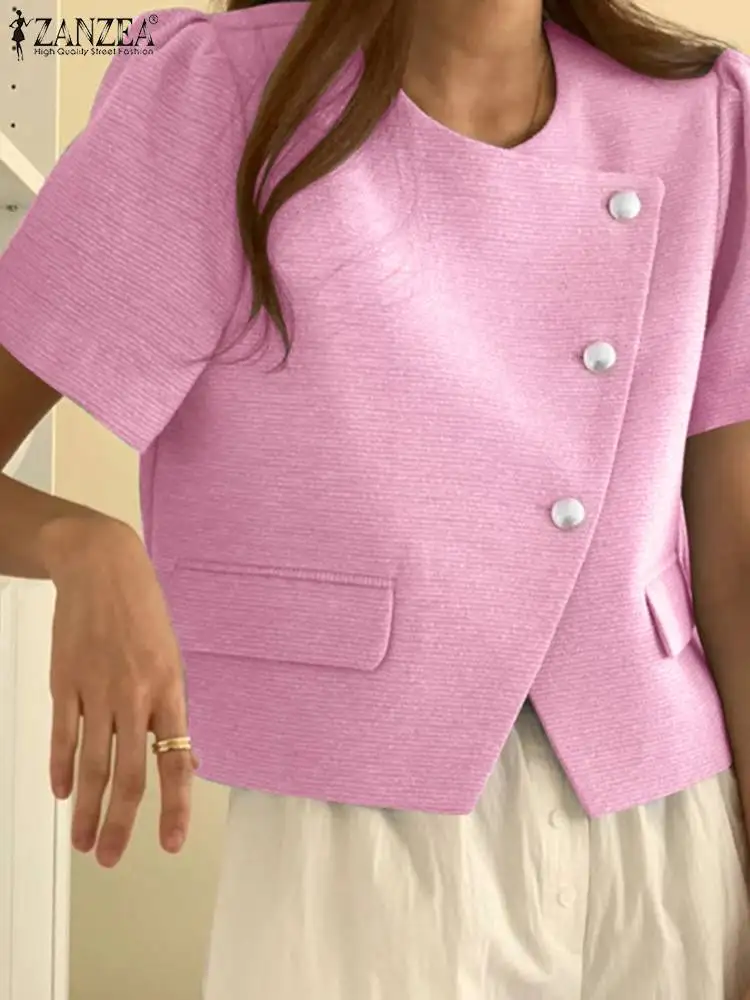 

Женская элегантная блузка на пуговицах с коротким рукавом ZANZEA 2023, корейские модные летние топы, повседневный Однотонный женский блейзер