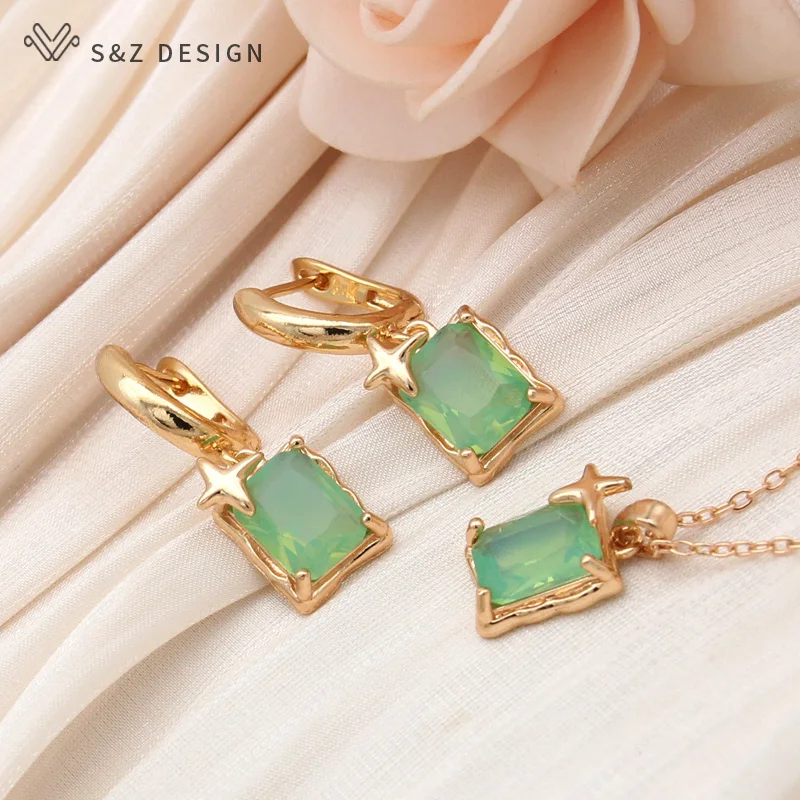 S&Z DESIGN New Fashion Rectangle Green Artificial Crystal Dangle Earrings For Women Trendy Elegant Champagne Gold Color Jewelry
