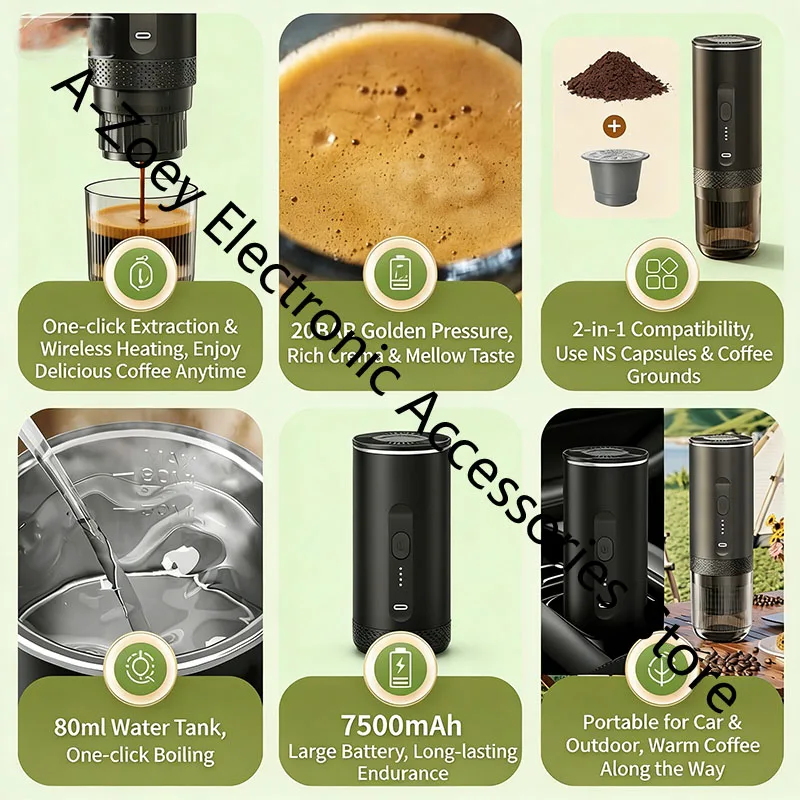 휴대용 에스프레소 머신 무선 커피 메이커 7500mAh 20Bar 원클릭 추출 머신 (네스프레소 캡슐 및 분쇄 커피용)