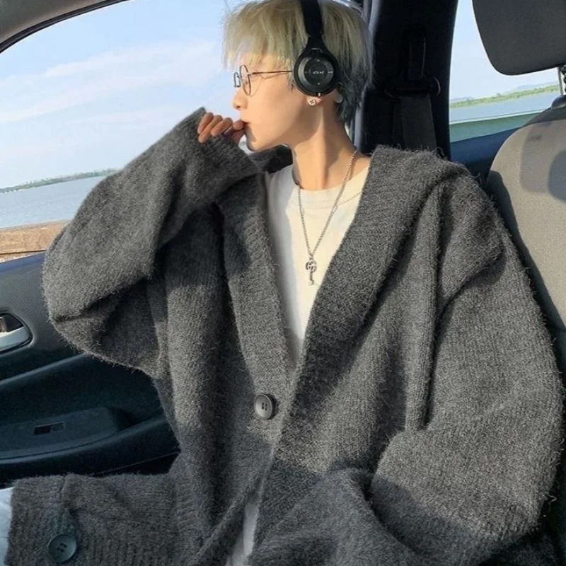 남성용 루즈한 한국 스타일 후드 가디건, 따뜻한 가을 겨울, 시크한 니트, 회색 단색, 미니멀리스트, 젊은 대학, 올매치 코트