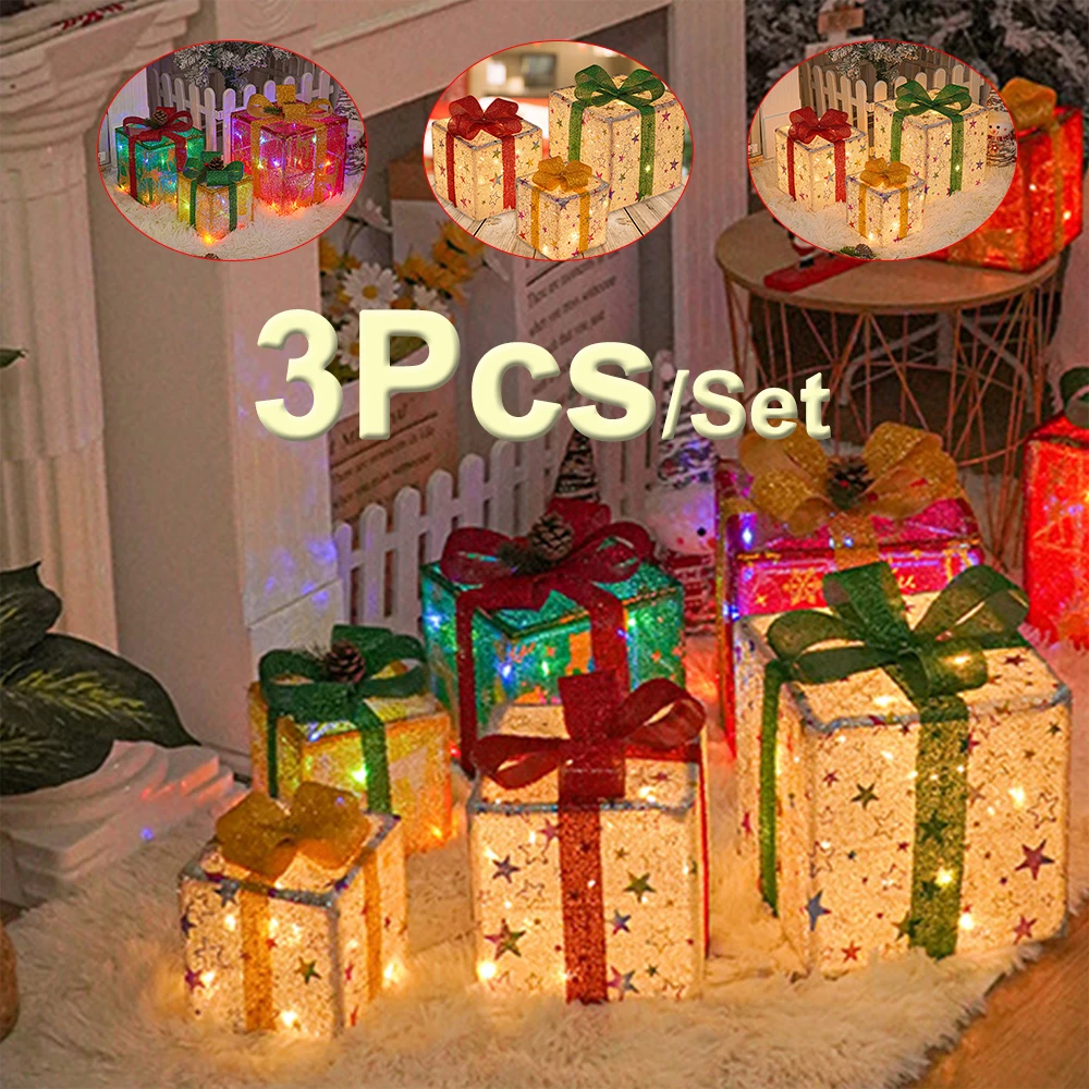 

3Pcs/Set Lighted Up Christmas Boxes Christmas Lighted Gift Boxes Luminous Christmas Box For Holiday Christmas Tree Home Yard