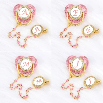 Name Initial Baby Pacifier Chain Clips Pink Crystal Newborn Luxury Personalized Pacifiers Silicone Nipple Infant Shower Gifts