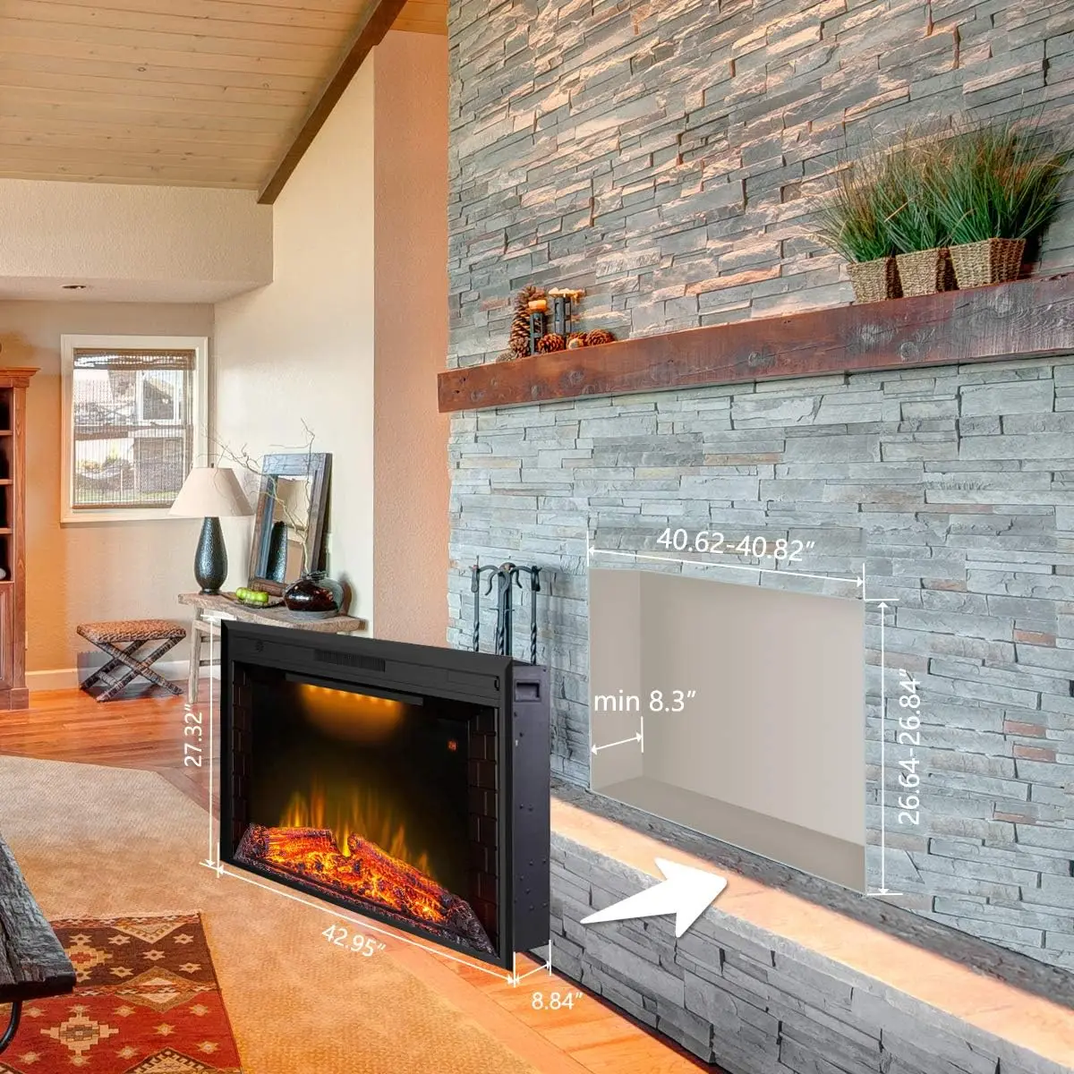 43 Inches Electric Fireplace Heater Insert with Overheating Protection, Fire Crackling Sound, Remote Control, Thermostat, 750/15