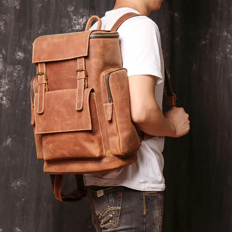 Handmade Cowhide Leather Backpack Travel 2024 New High Quality Rucksack Hiking Backpack Bags for Men