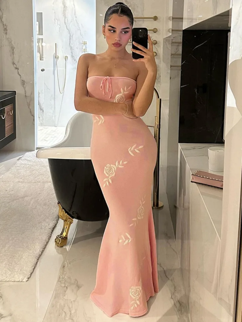 

Женское винтажное вечернее платье без бретелек, облегающее длинное розовое платье с цветочной вышивкой, без рукавов, со шнуровкой и открытой спиной, лето 2024