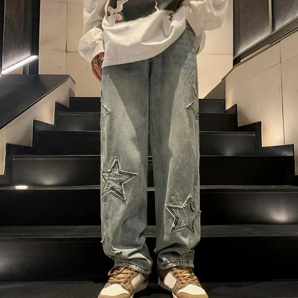 Men Mid-rise Zipper Fly Jeans Oversize Star Aesthetic Pattern Trousers Straight Wide Leg Denim Pants Loose Fit High Street Jeans