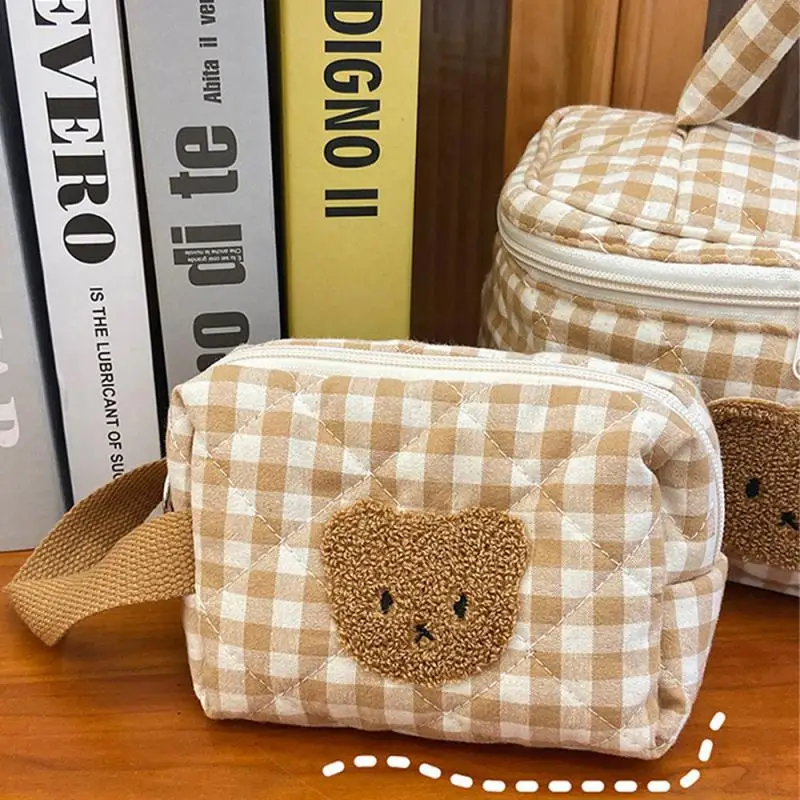 귀여운 곰 메이크업 파우치, 바둑판 격자, 여성 대용량 휴대용 화장품 상자 케이스 가방, 여성 스토리지 메이크업 케이스