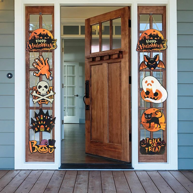 

1 Pair Happy Halloween Pumpkin Ghost Bat Couplet Banner Hanging Flag Halloween Party Decoration Home Bar Wall Front Door Decor