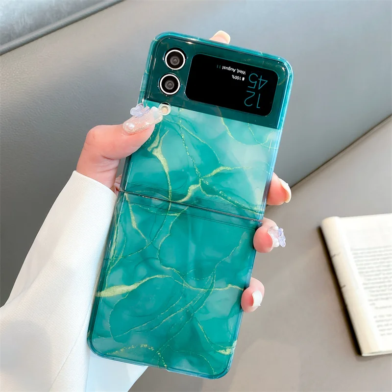 

W23 Flip Marble Jade IMD Phone Case For Samsung Z-Flip 3 Flip4 Split Type Full Cover Skinny Shell Body Protection