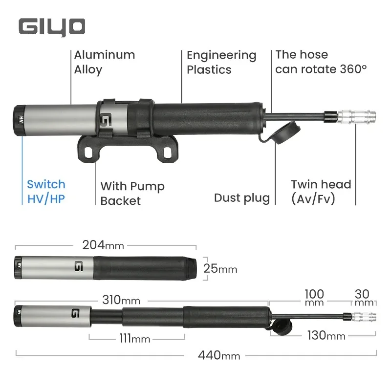 Giyo Portable Alloy Bicycle Tire Pump - High-Pressure 120psi Air Inflator with Dual Valve Compatibility
