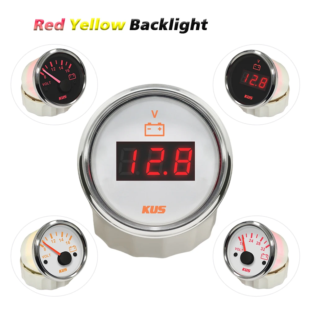 

KUS Waterproof 52mm Voltmeter 8-16V 18-32V 9-32V with Red Yellow Backlight for Car Boat Yacht Universal