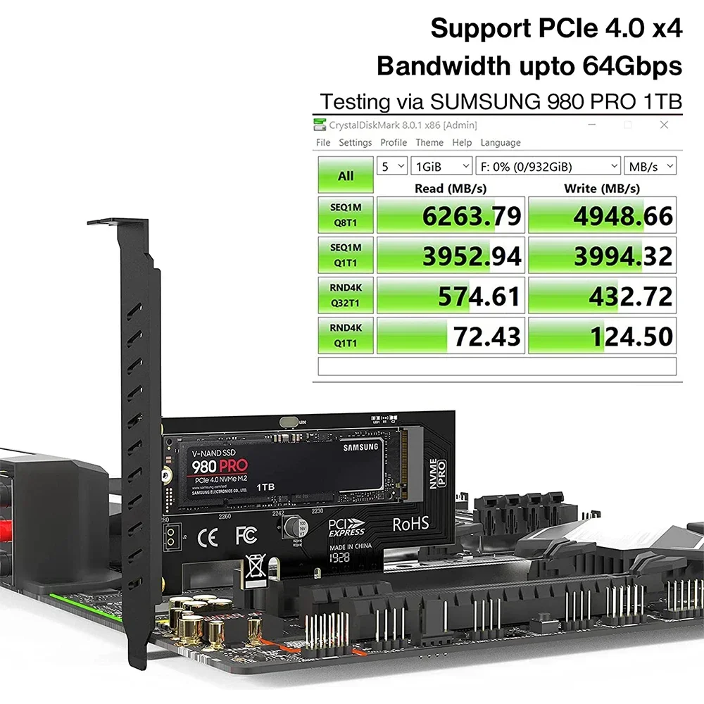 Jeyi M.2 Pcie To Nvme Adapter With Aluminum Heatsink, 64gbps