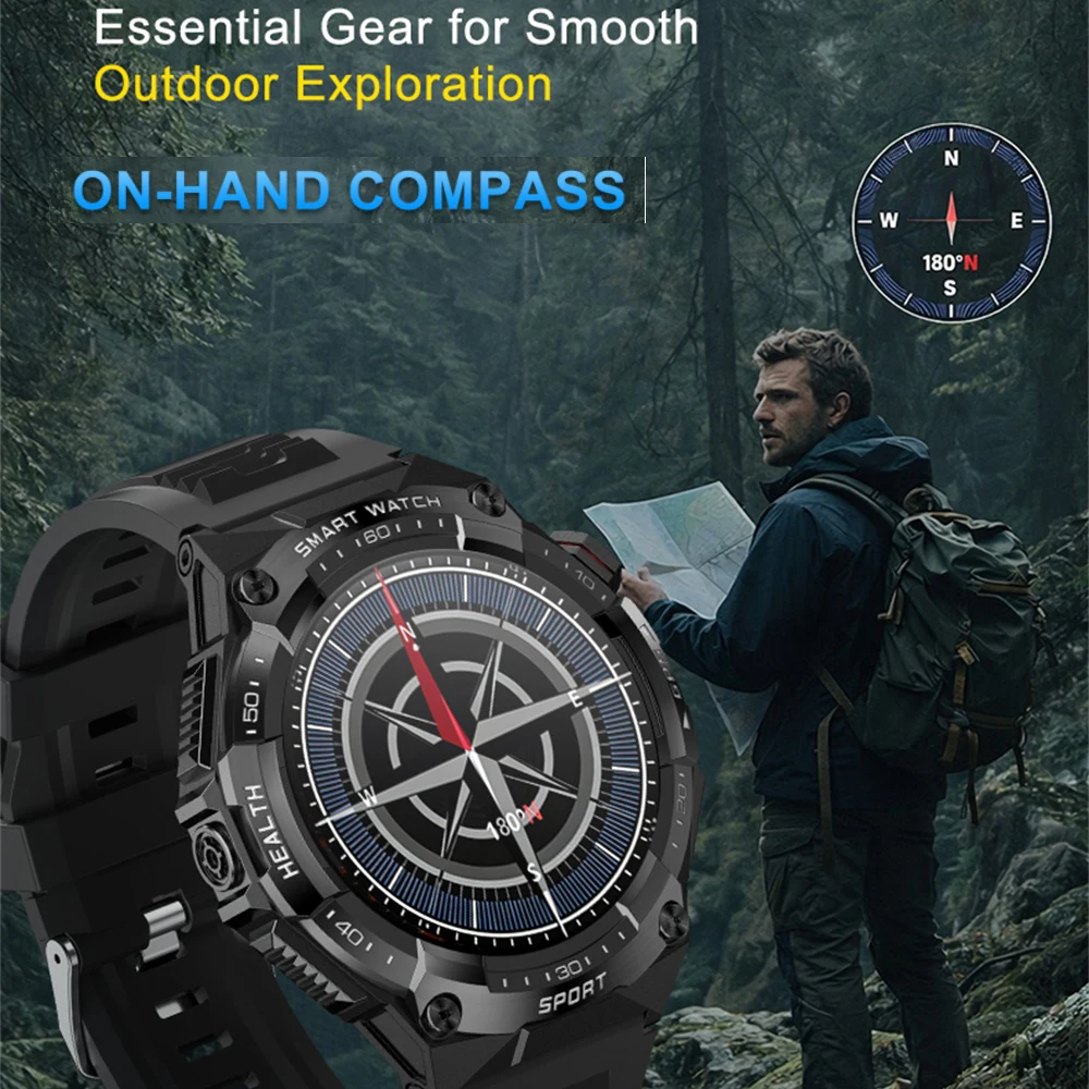 Fitness Smartwatch Men Outdoor GPS Sports Watch AMOLED Display Compass BT Call Waterproof Heart Rate & Health Monitoring