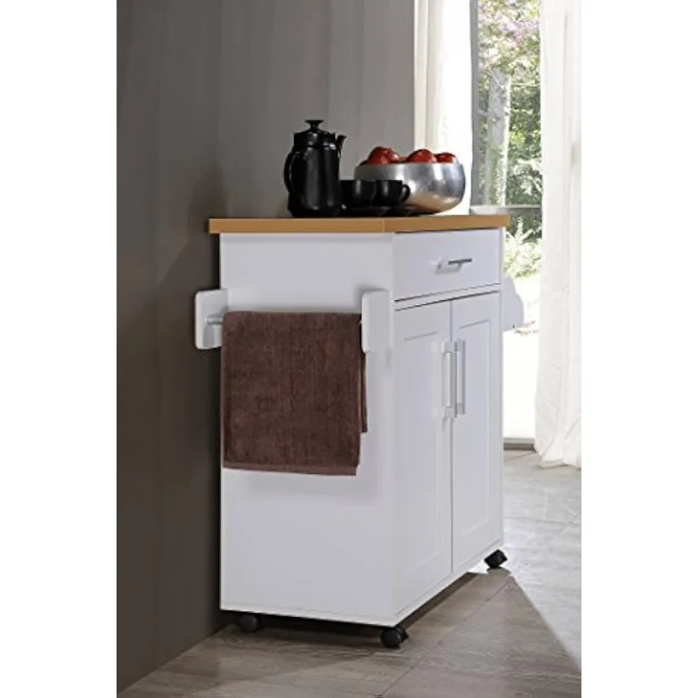 

Hodedah Kitchen Island with Spice Rack, Towel Rack & Drawer, White with Beech Top, 15.5 x 35.5-44.9 x 35.2 inches