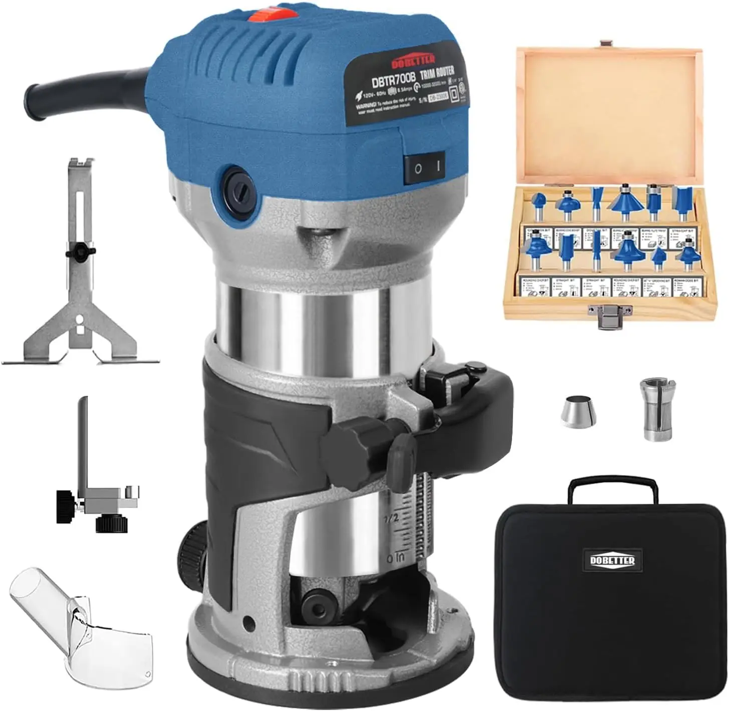 Wood Router Tool Electric Trim 6 Variable Speed Compact Palm Router Woodworking with 12 Wood Bits