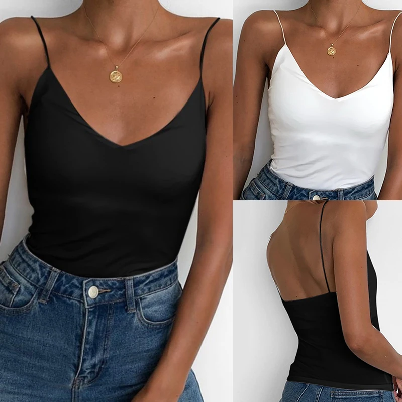 Summer Camisole Slim Vest Sexy Women Sleeveless V-Neck Tee Tank Tops Female Solid Black/White Korean Crop Tops